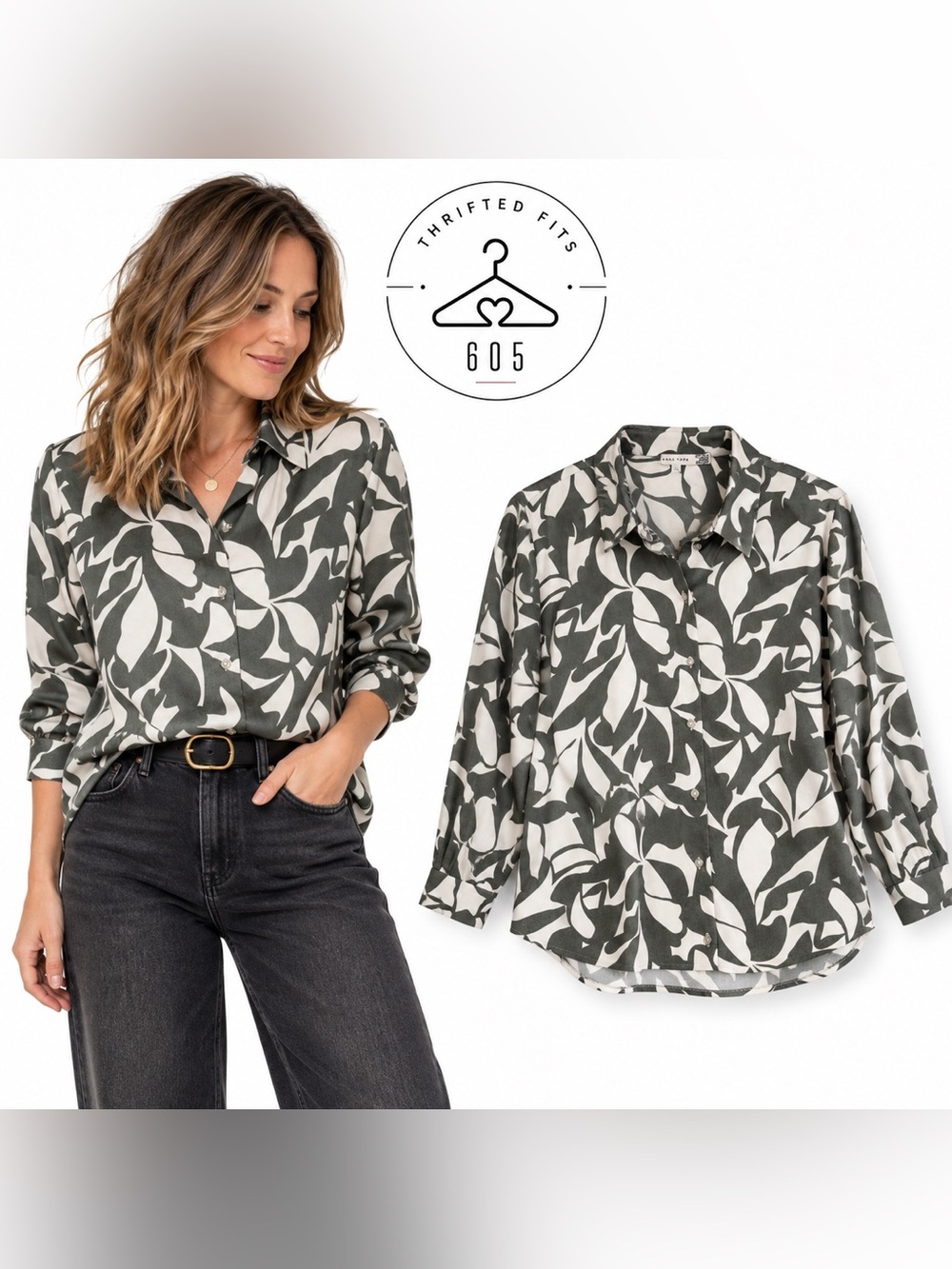 Black Tape_ Olive & Cream Leaf-Print Button-Down Shirt
